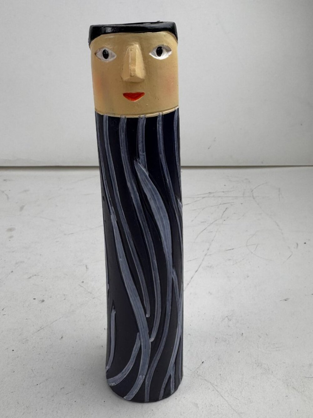 vintage abstract face cylinder vase folk art portrait studio bud vase 7.5"